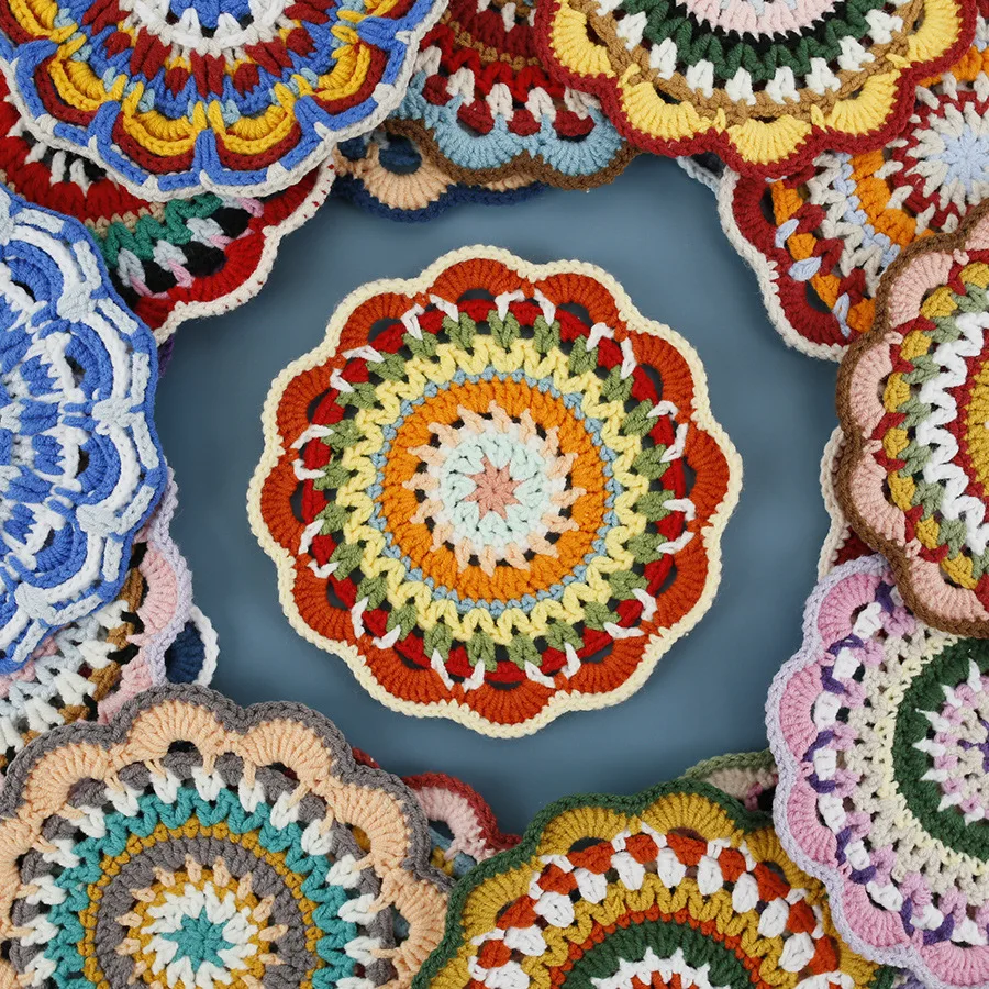 Hand Knitted Coaster Bohemian Handmade Woven Round Placemat Crochet Wool Yarn Table Mat Christmas Wedding Gifts Finished Product