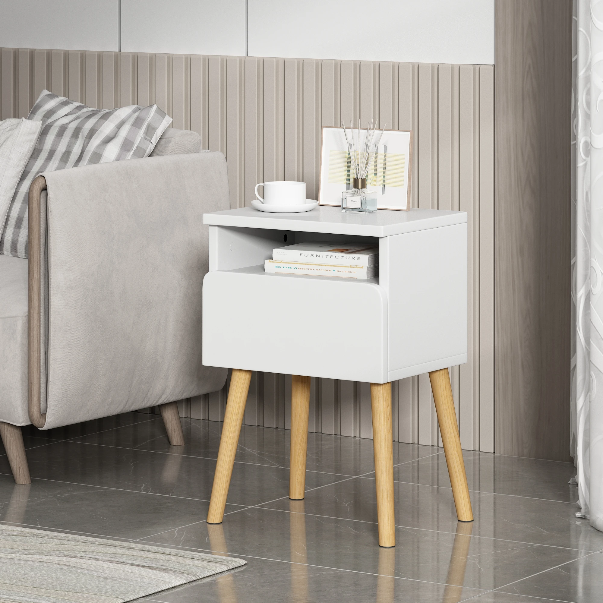 Oriental Style White Painting Paulownia Wood Modern Nightstand Bedside Table Cabinet Oak Open Storage Night Stand Narrow