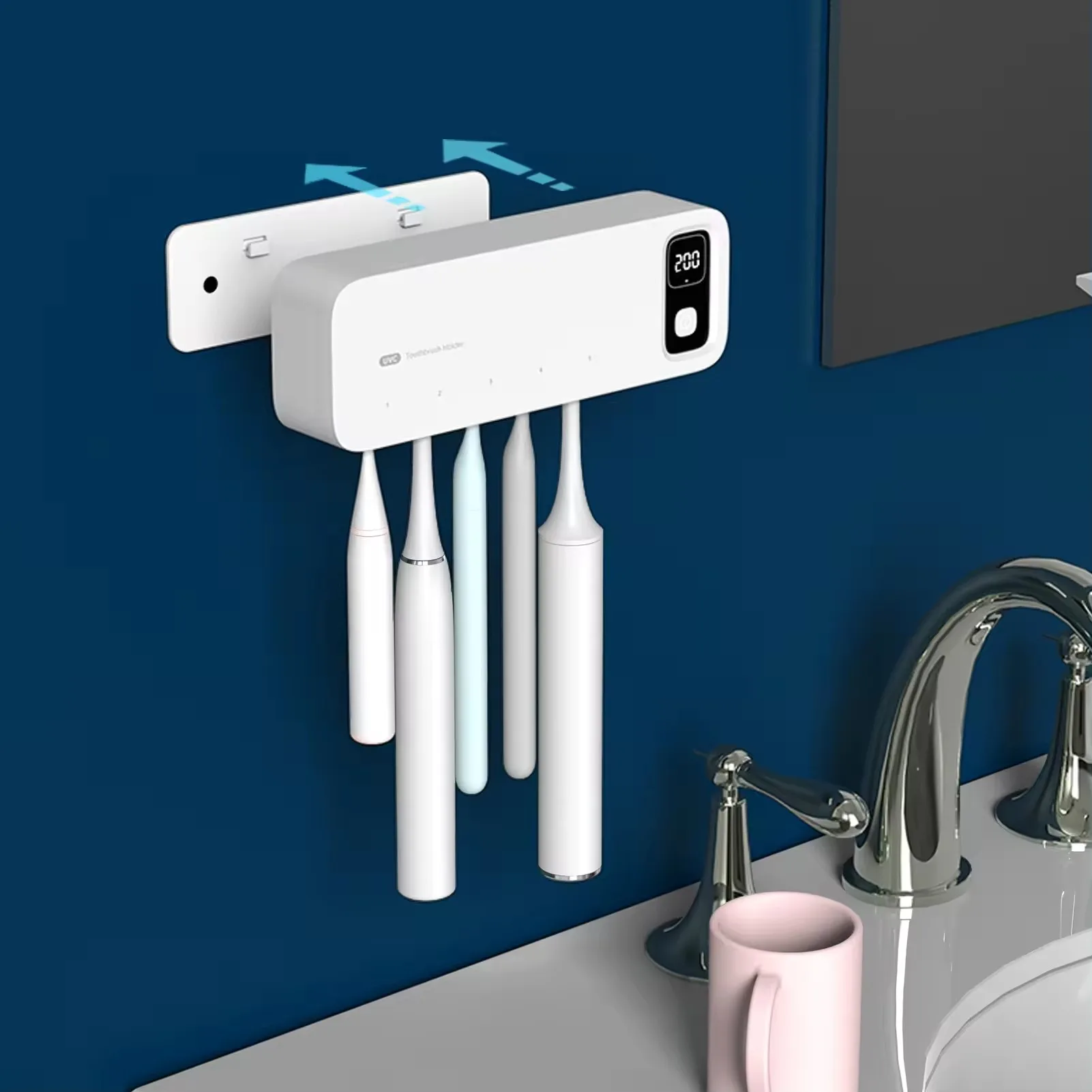 Wall-Mounted USB Charging Toothbrush Sterilizer with UVC & Fan Drying Sanitizing Bathroom Holder