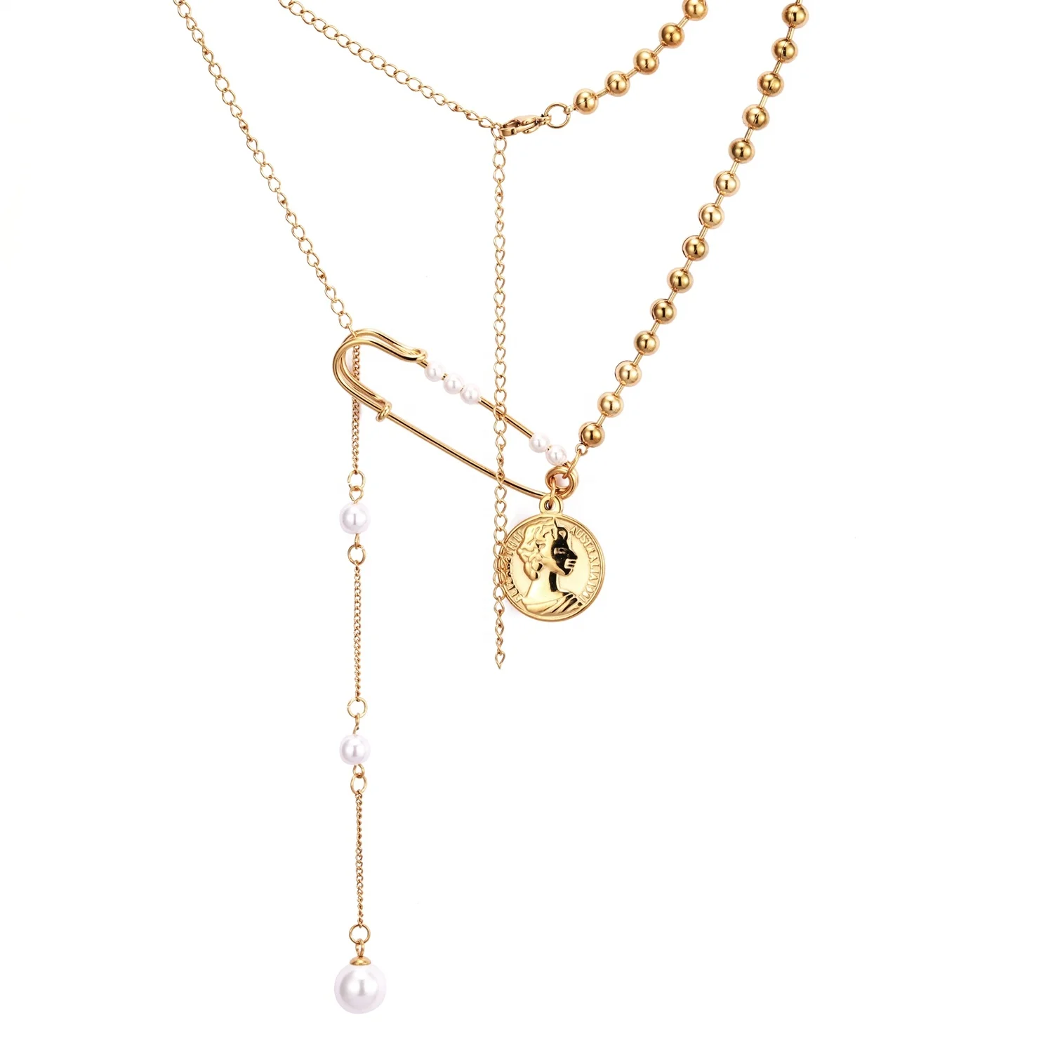 Wholesale custom stainless steel 18K gold plated fashion jewelry bead mixed chain paperclip pearls round charm necklace women