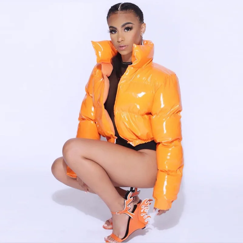 
2021 New Winter Puff Sleeve Short PU Bubble Jacket Coat For Women 