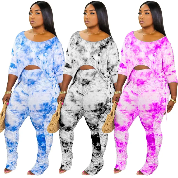 
Newly Outfit Boutique Casual Tie Dye Skinny Crop Top Stacked Pants Two Piece Set Summer Women Tracksuits 