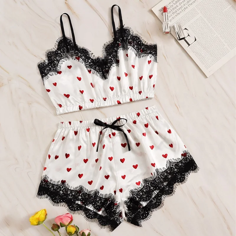 
Hot sale summer sexy lace ice silk 2 piece pajamas women set woman sleepwear 