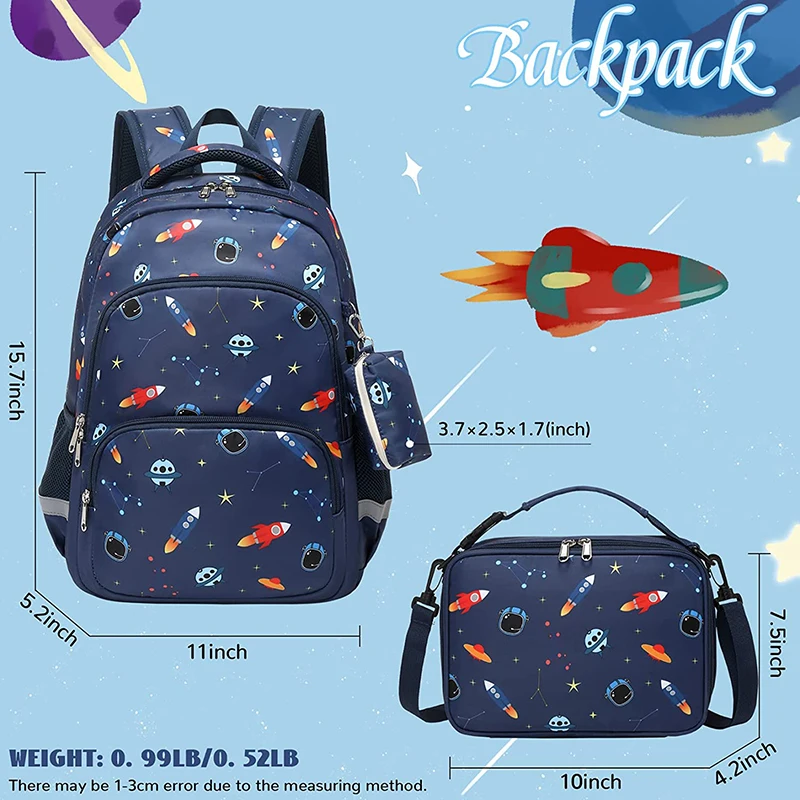 Backpack Purse Set Kids  Rocket Printed School Bag 15.7 Inch Multipocket Bookbag With Insulated Lunch Box
