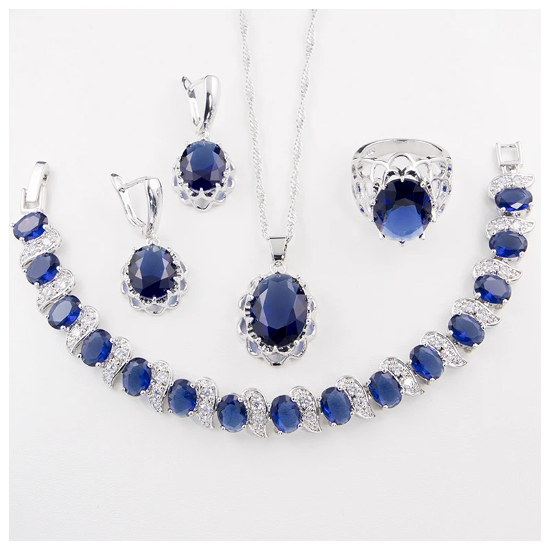 Gemstone 925 Silver Jewelry  White Gold Plated Jewelry Earrings Pendant Necklace Ring Bracelet Set