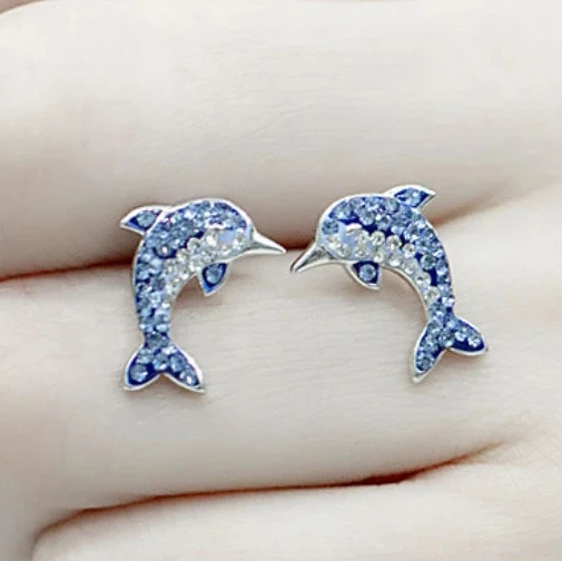 CAOSHI Sweet Lovely Dolphin Stud Earrings Sea Blue Cubic Zirconia Beautiful Minimal Silver Animal Cute Earrings Women