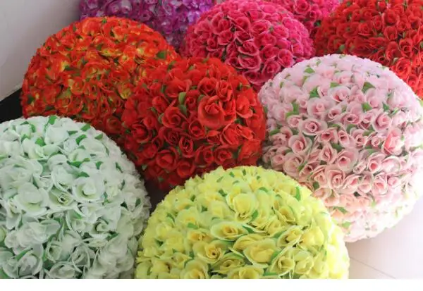 New style 12 inch silk artificial rose flower ball with green leaf  for  wedding centerpieces  decorations
