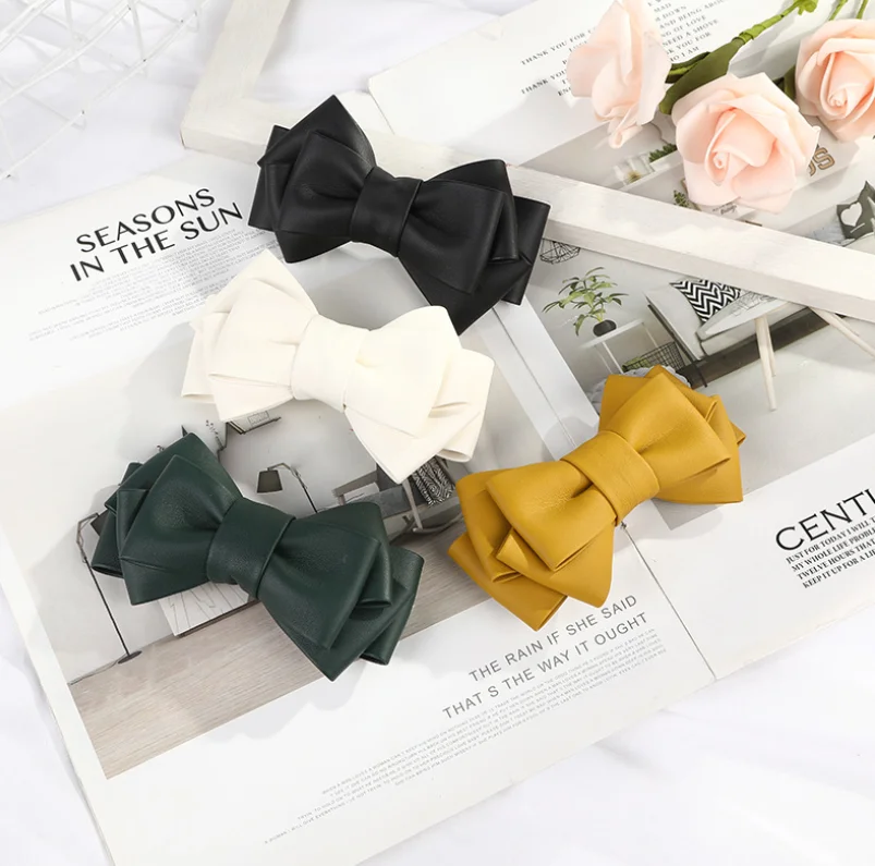 European and American style new automatic clip PU leather temperament BOW fashion pure color texture BOW hair clip