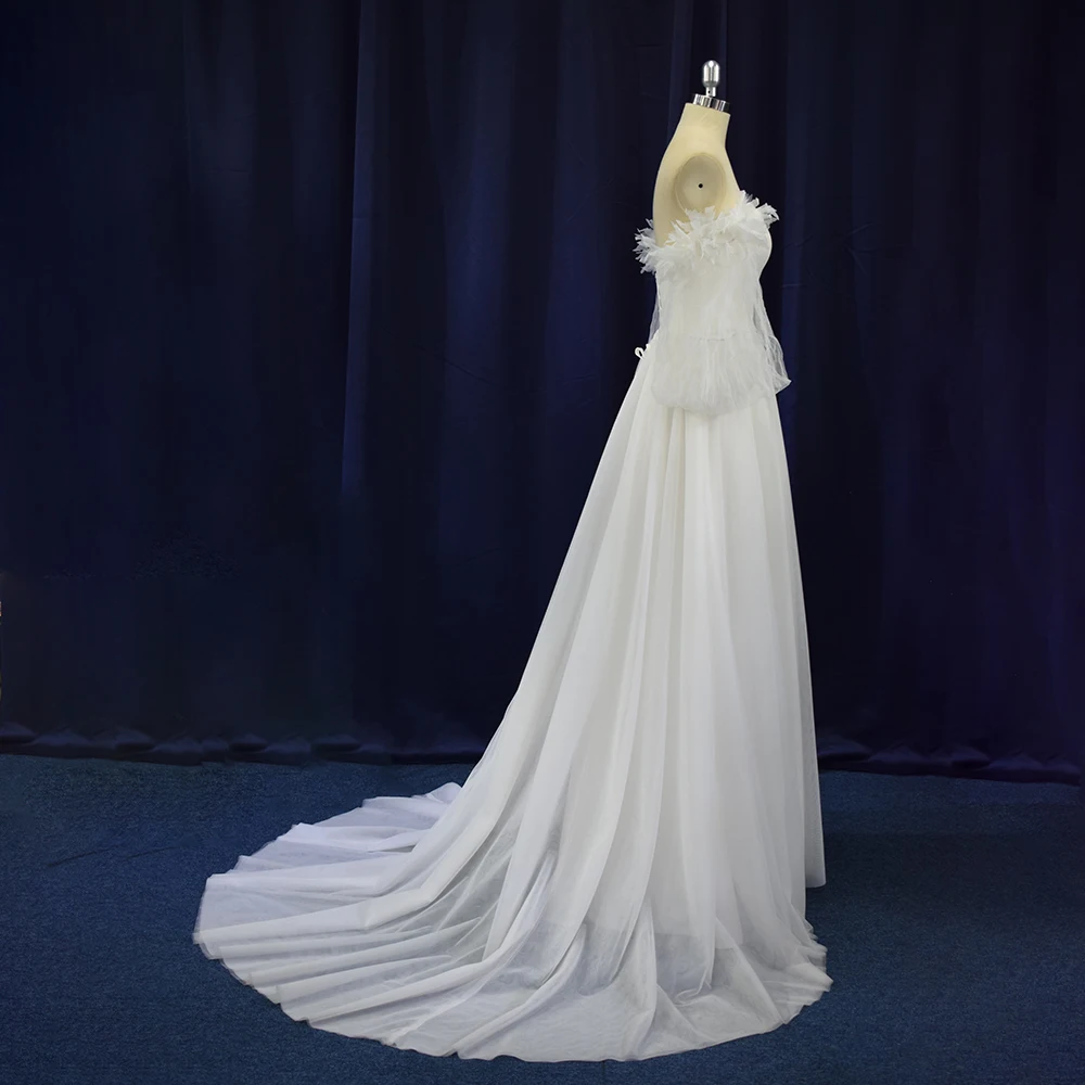 TEENYEE  Elegant  Off-shoulder Flare Feather Sleeves Chiffon A-line Wedding Bridal Gowns Dresses for Bride