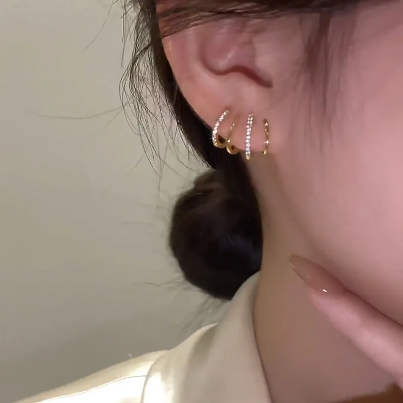 Korea simple gold plated line zircon 925 sterling silver needle stud earrings for girls
