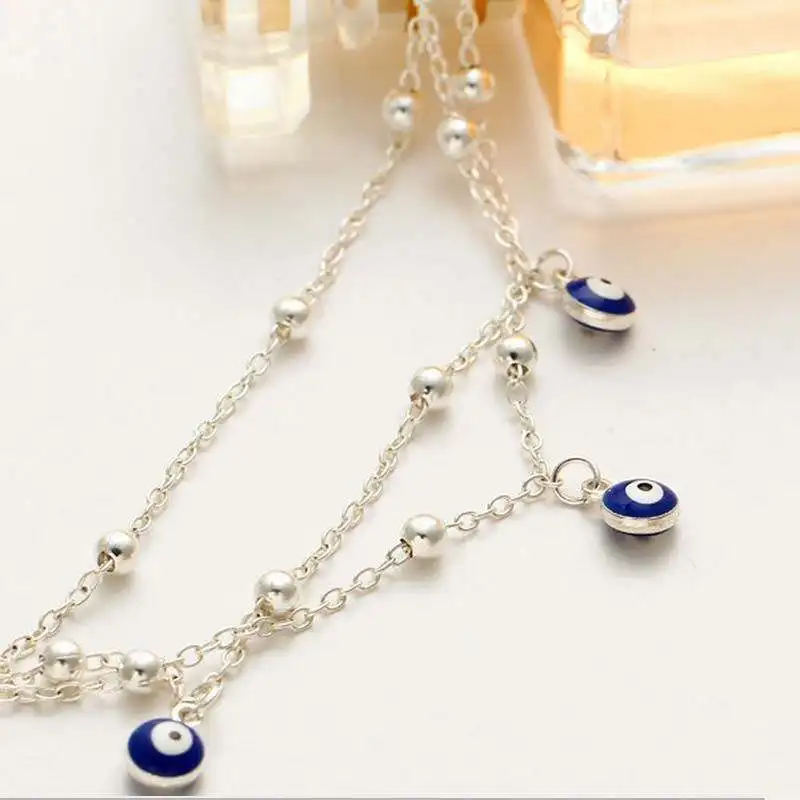 Multi Layered Beads Chain Blue Evil Eyes Pendant Ankle Bracelet Summer Beach Foot Jewelry Satellite Chain Devil Eyes Anklets