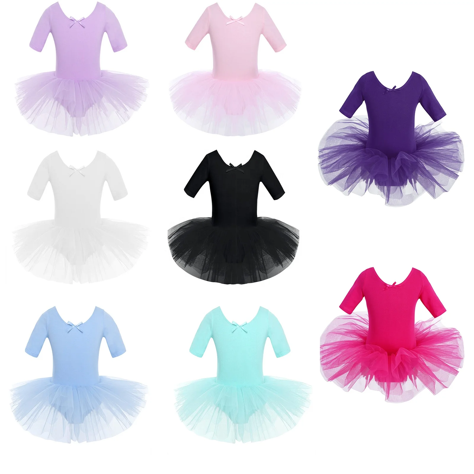 Kids Girls Short Sleeve Cotton Tulle Training Dancewear Performance Wear Ballet Costume Ballet Dress Dance Dresses Girl Leotards