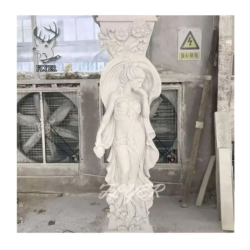 Indoor and Outdoor Decoration Marble Maiden Sculpture Pillar Greek Lady Carved Sculpture Marble Roman Column