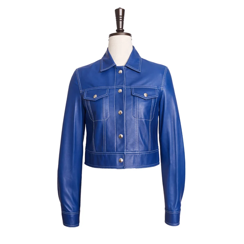 2024 Hiqh quality crop blue women leather motorcycle jacket