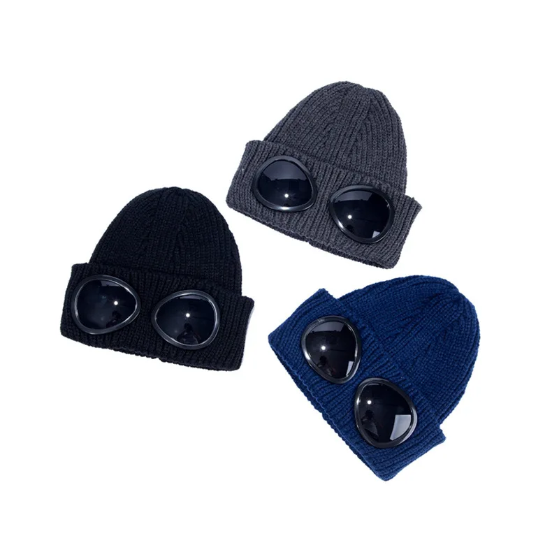 Autumn Winter Fashion Trendy Glasses Pilot Sunglasses Knitted Hat Cuffed Ski Skull Beanies Cap With Sunglass