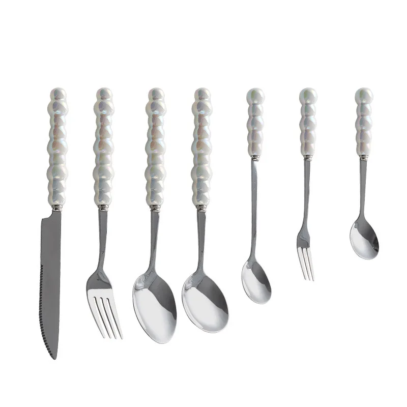 Luster  Silver White Pearl Handle Flatware Wedding Stainless Steel Cutlery Set with Ceramic Pearl Handle