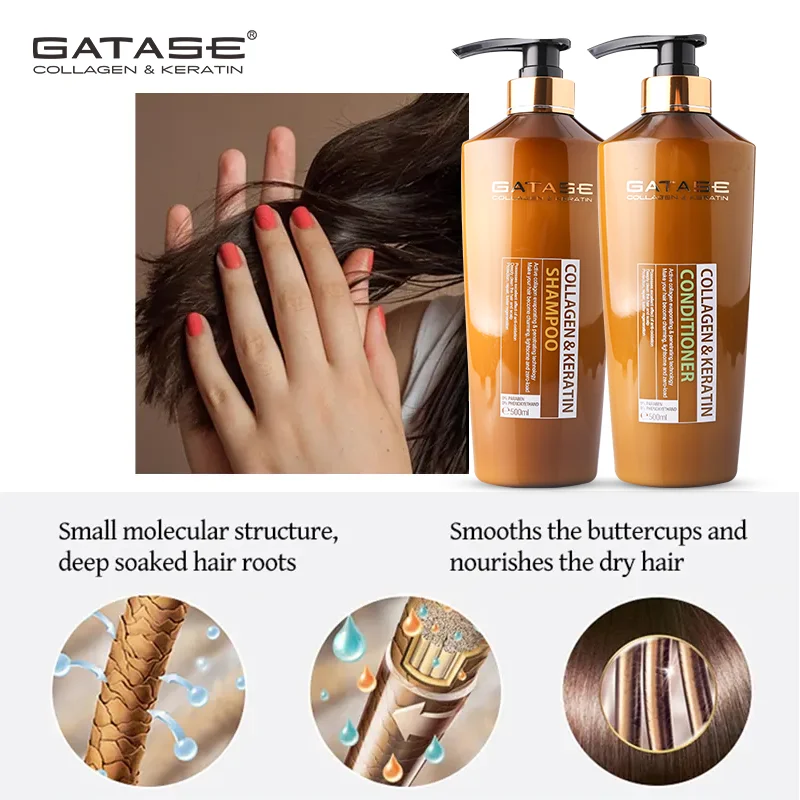 Gatase Private Label Organic Collagen Keratin Anti-Hair Loss Shampoo Conditioner Set Smoothing Hair Shampoo and Conditioner