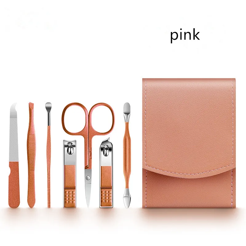 Factory direct 7 pcs manicure pedicure nail Care tools kit pink green manicure set