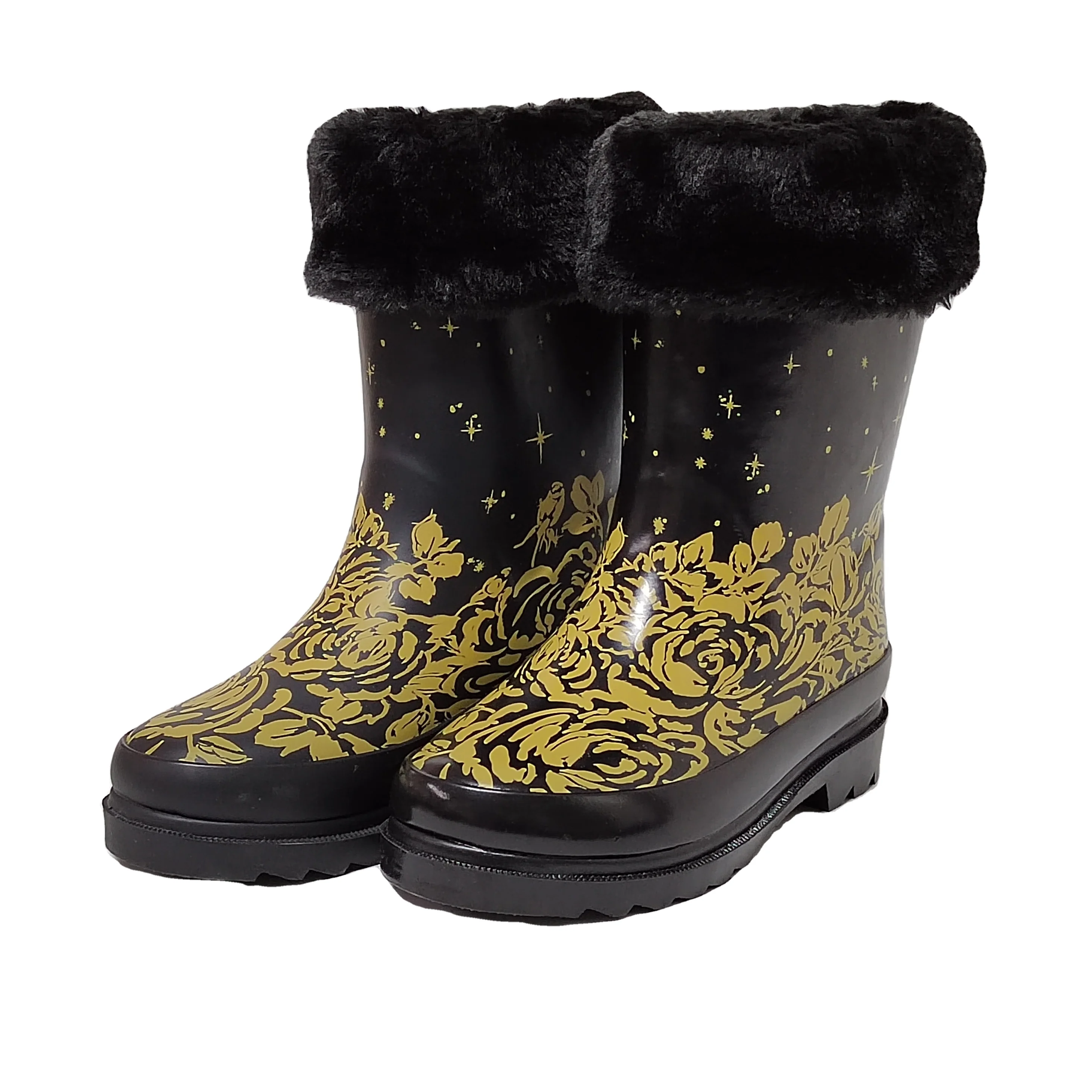 factory customized gold star  printed  fur collar 100% waterproof rubber rain boots for children