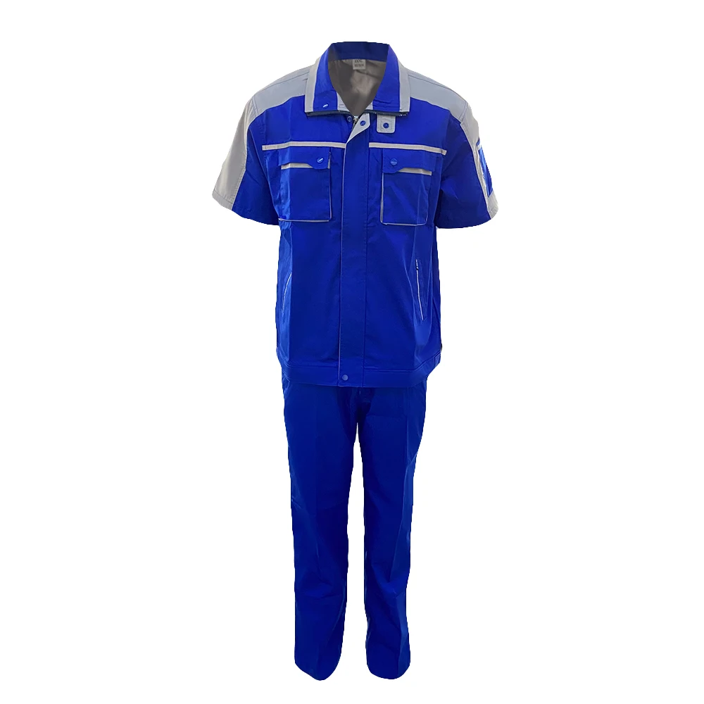 Custom Reflective Stripe Work Wear Short Sleeve Jackets Outdoor Wears Front Zip Up Auto Mechanic Uniform Workwear 2 Pieces Set