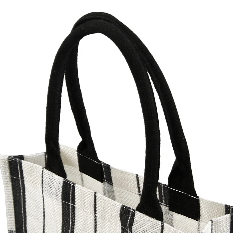 Laminated customized striped printed burlap jute fabric women shopping tote bags