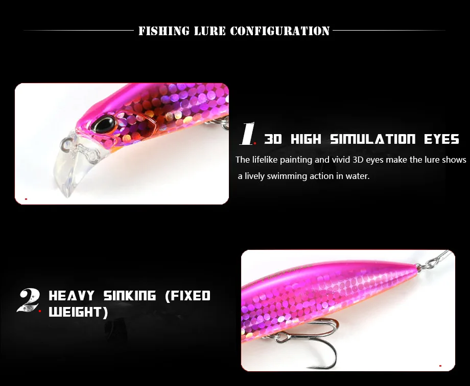 New Products 95mm 30g Lifelike 3D High Simulation Eyes Heavy Minnow Sinking Lures with Sharpended Hook