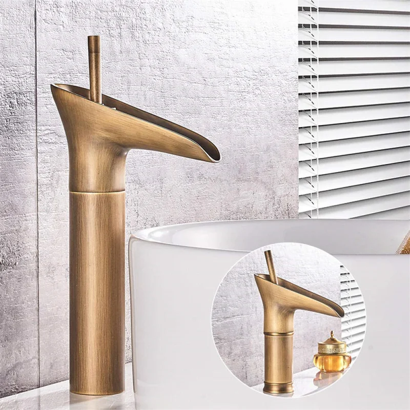 Copper Glass Water Tap Waterfall Spout Single Lever Hot and Cold Water Sink Faucet Antique Brass Bathroom Basin Faucet