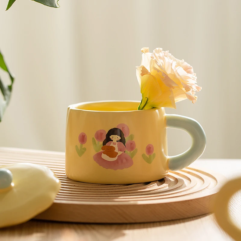 SIYUE 310ml Warm Cream Multi-Color Series Ceramic Coffee Mug Tea Cup Wholesale with Handle and Lid 2701