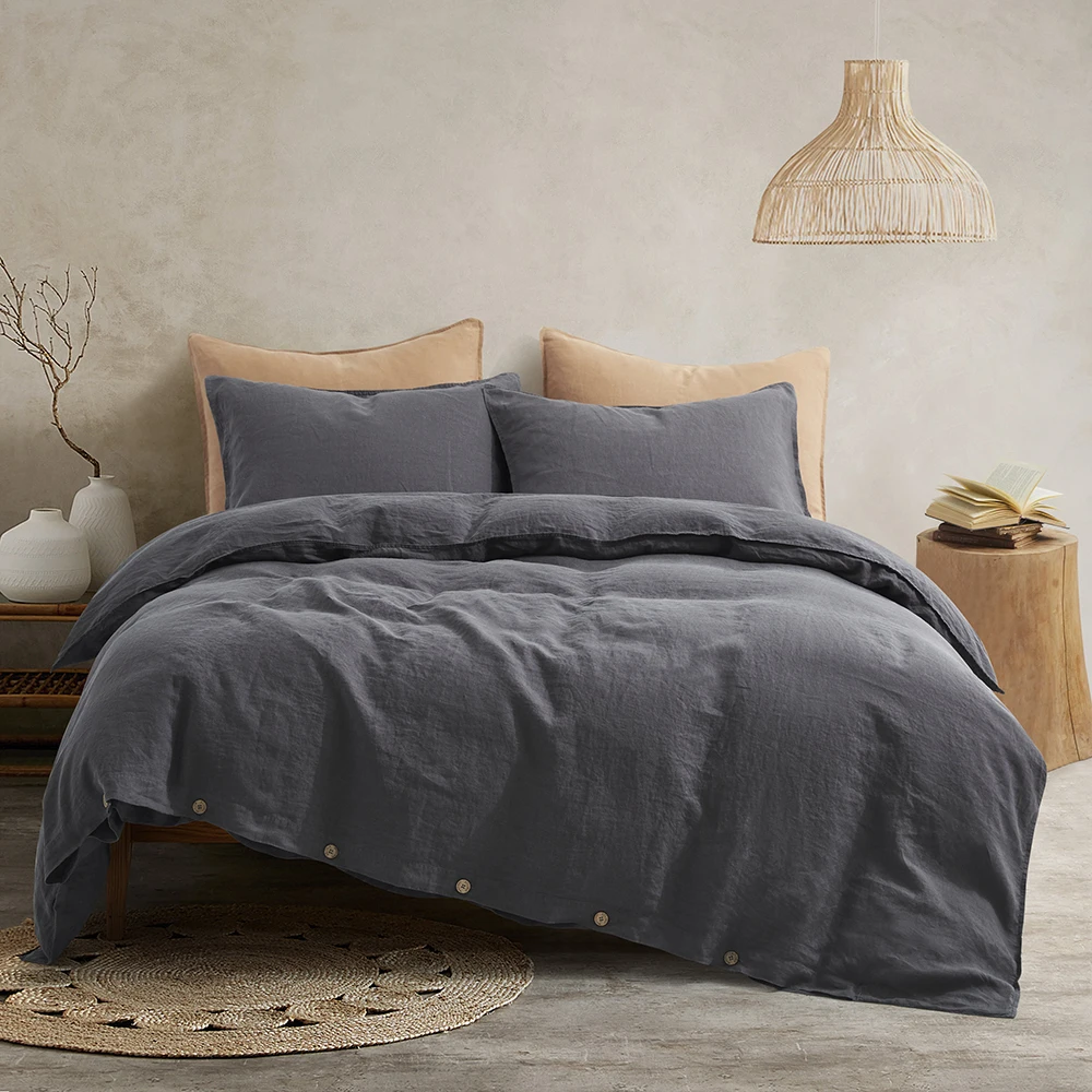 Hot Sale European Flax Linen custom size Queen Luxury French linen Duvet cover with button pillowcase cotton Linen bedding set