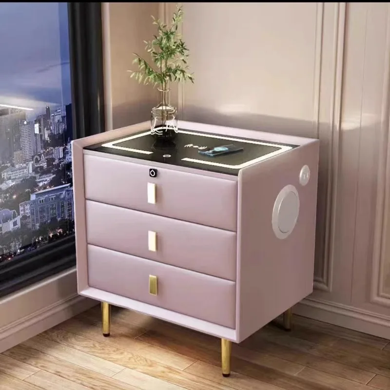 Smart Wooden Safe Luxury Modern Pink Oak 3 Drawer Nightstand Smart Bedside Table With Speakers