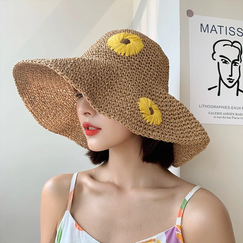 Amazon Low MOQ High Quality Foldable Wide Brim Straw Hat Summer Embroidery Flower Beach Crochet Sun Hats for Ladies Women
