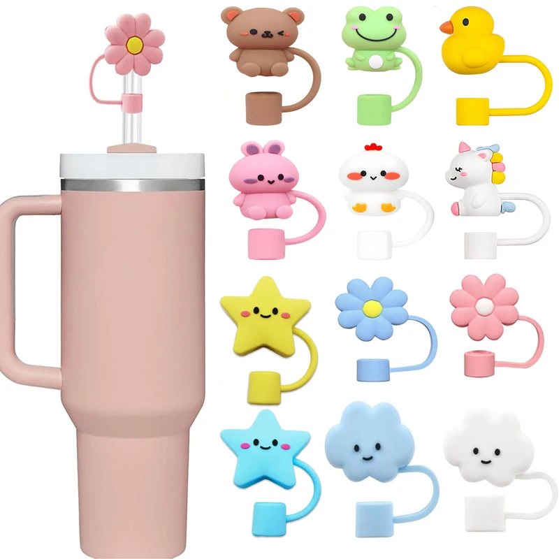 Custom Straw Toppers Charms Dustproof Silicone Straw Cover Cap For Tumbler Accessory  Cartoon Pink Bulk Cute 3D Straw Toppers