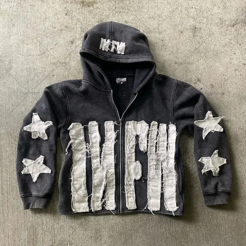 Manufacturers Oversized Streetwear Custom Logo Applique Embroidery Hoodie for Men Heavyweight Zip Up Distressed Acid Wash Hoodie