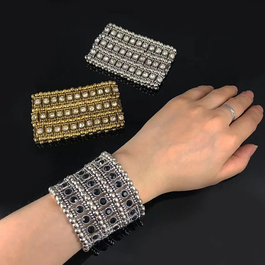 traditional fashion Womens 3 layers Ballroom Rhinestone beads Multilayer Wide elastic Stretch Cuff Bracelet bangles dames