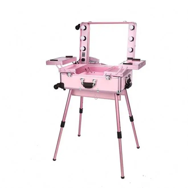 Косметическое зеркало тележки освещения алюминиевый макияж Чехол с регулируемой подставкой ноги и стул