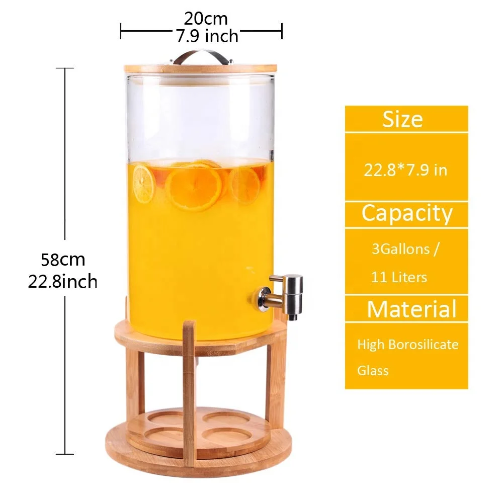 Borosilicate Glass Drink Dispenser on Wooden Stand with Airtight Bamboo Lid and Stainless Steel Spigot