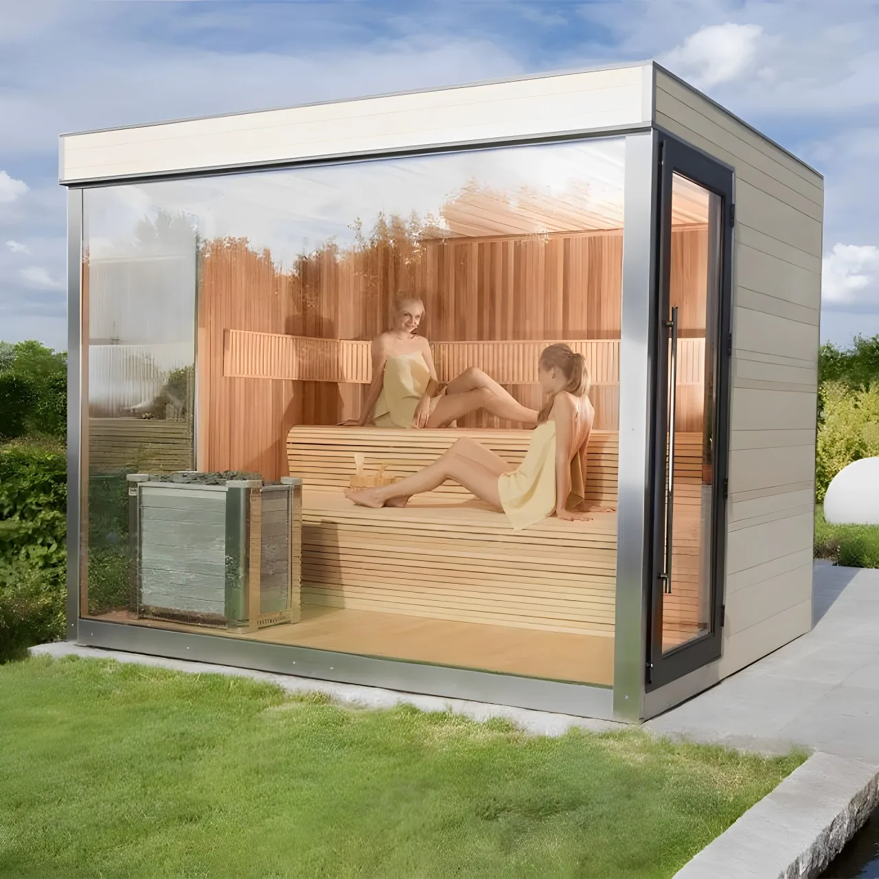 High Quality Wooden Red Cedar Outdoor Steam Family Panoramic Sauna Room