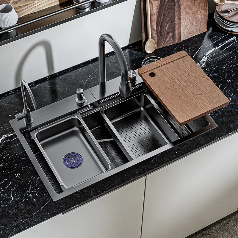 Black Embossed Flying Rain Design Matching Drain Basket Cutting Board Family Multifunctional Kitchen Sink