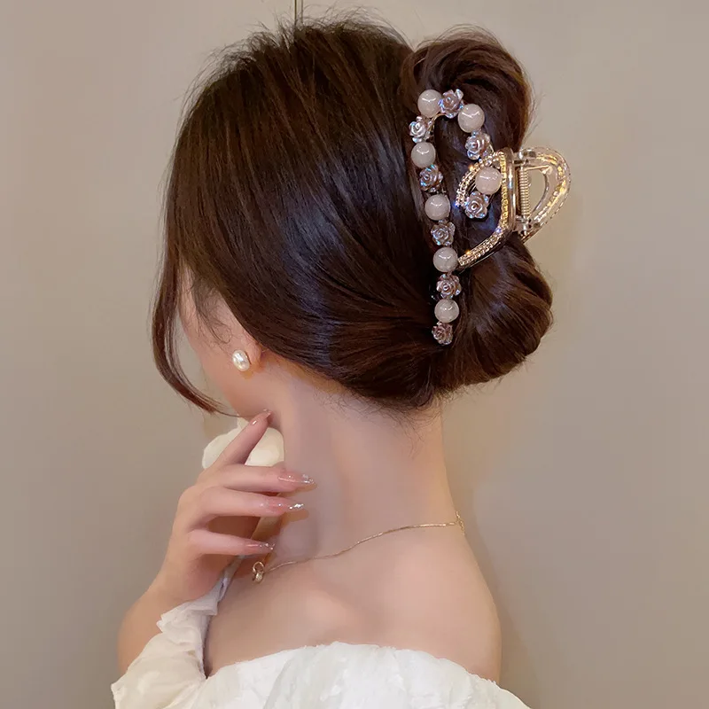 Light Luxury Flower Round Bead Rhinestone Grip Clip Korean Version Heart-shaped Diamond Hair Clip Headpiece for Women