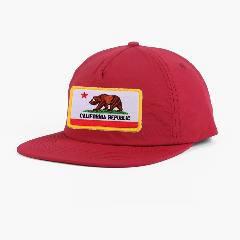Realbond wholesale embroidery patch snapback cap unstructured 5 panel flat bill usa california cap