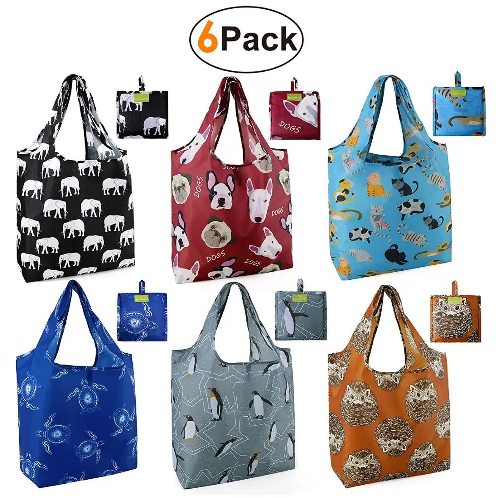 Heavy Duty Expandable Folding Tote Bag Reusable Nylon Customized 210D 190T Polyester Foldable Grocery Shopping Bag
