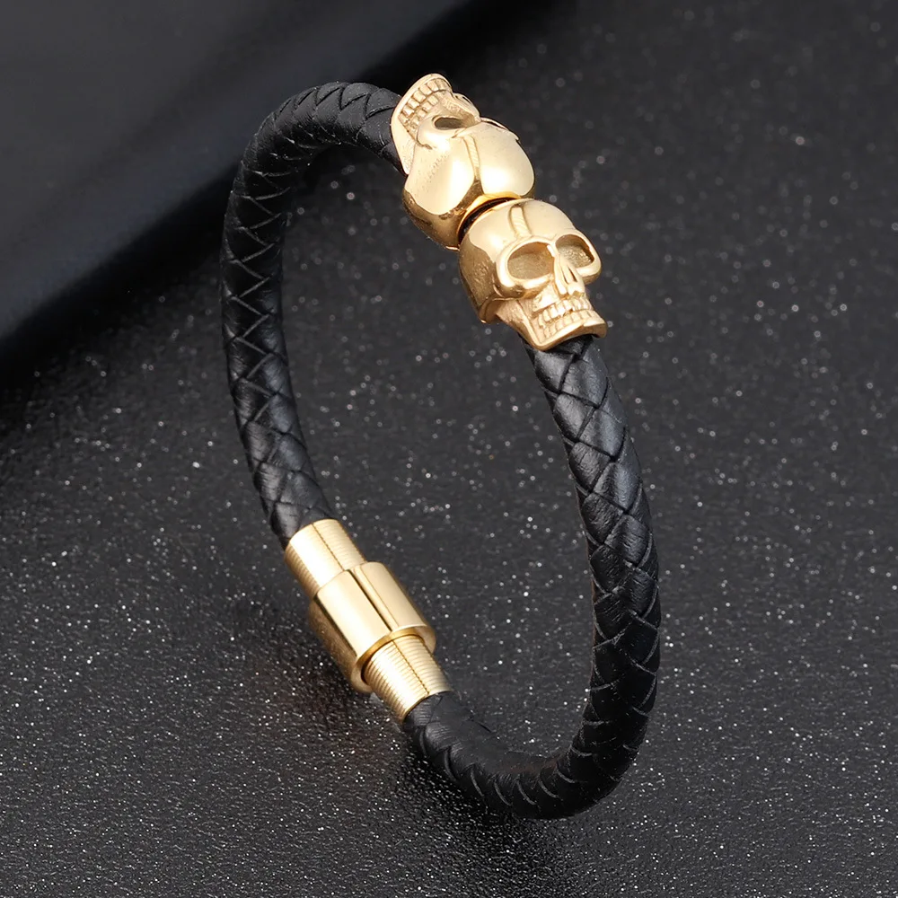2021 Fashion Silver Stainless Steel Jewellery Skull Bracelet Natual Leather For Men Wholesale