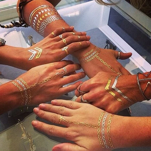 Factory Custom Metallic Gold  Silver Henna Temporary Tattoos Foil Henna Tattoo Stickers