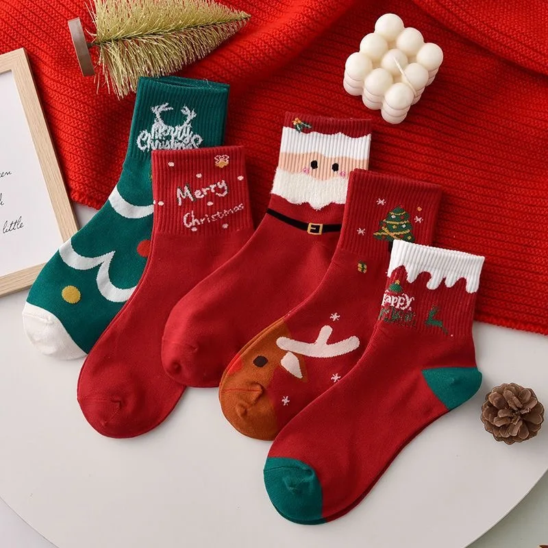 Christmas Socks For Adults Breathable Cute Cartoon Santa Claus Snowman Mid Tube Casual Cotton Socks