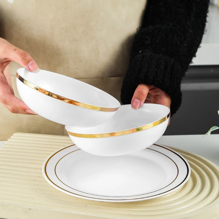 Hot sell Gold Rim 3.5 4.5 5.57 8inch Soup Sauce Salad Bowl Gift Set Bronzing side bowl disposable plastic large diameter bowl