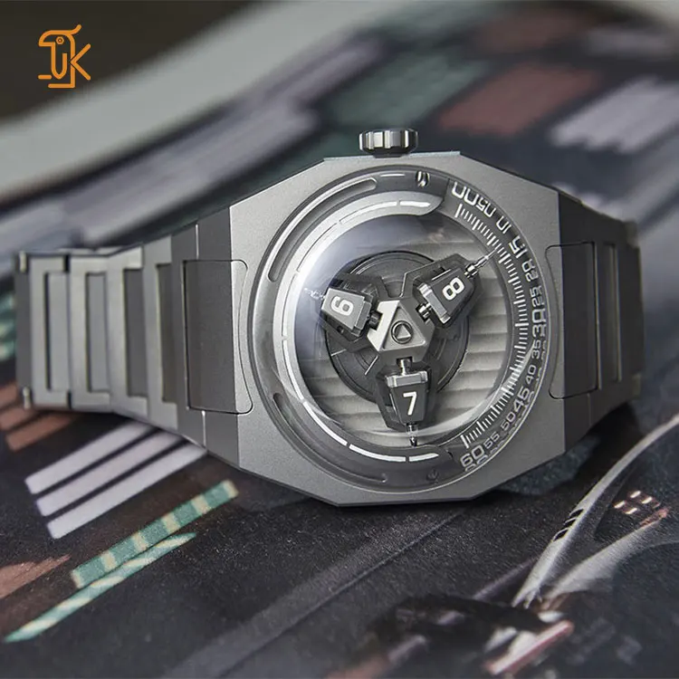 Custom Limited Edition Mechanical Watches with Titanium Strap And Case Spinner Wandering Hour Curved Glass Automatic Watch