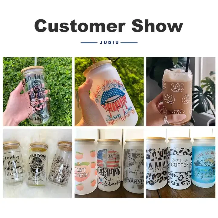 USA Warehouse 16oz Frosted Clear Beer Cups Sublimation Blanks Glass Can with Plastic 5 mixed color lids Bamboo Lid Plastic Straw