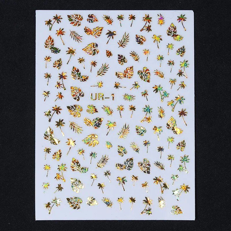 
1Pcs 3D Holographics Nail Sticker Coconut Tree Leaf Gold Nail Adhesive Decals Holo Laser Glue Tips Nail Art Decoration 