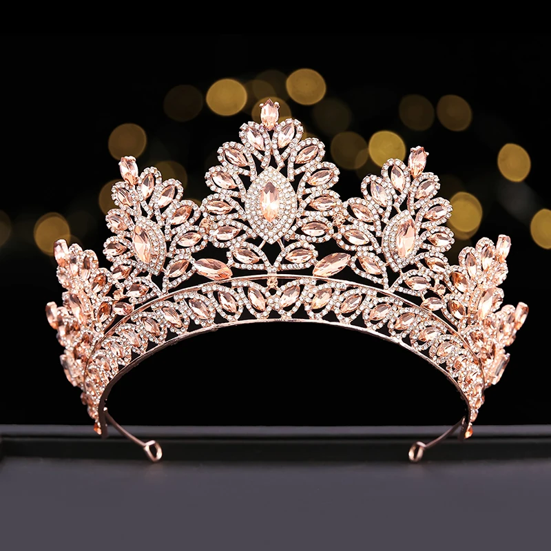 cheap large beauty queen crowns tall bridal wedding tiaras colorful AB leaf crystal crown for king