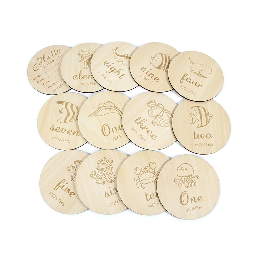 Best Holiday Birthday Decorative Props DIY Wooden Marine Animal Design Baby File Milestone Card